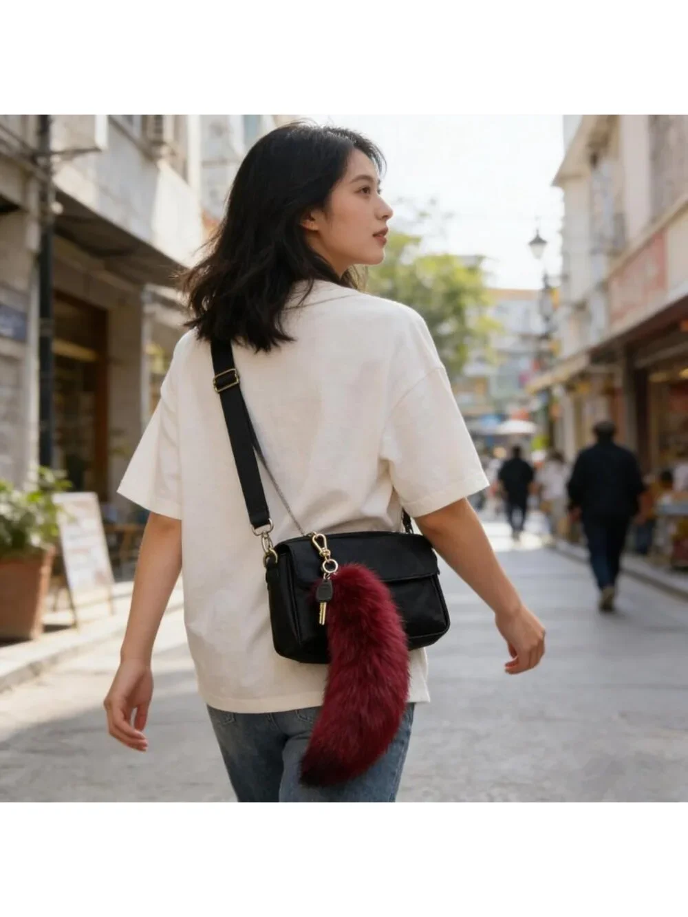 Women's Red Fluffy Fox Tail Cosplay Keychain Birthday Party Costume Handbag
